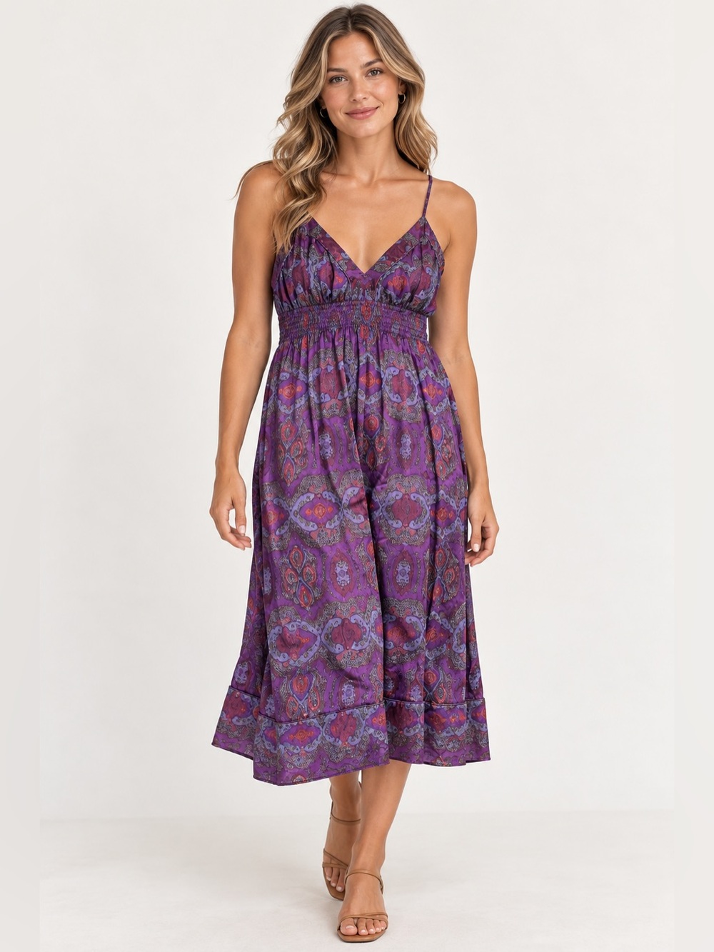 Silk Banana Republic Purple Paisley Slip Dress with Red Accents